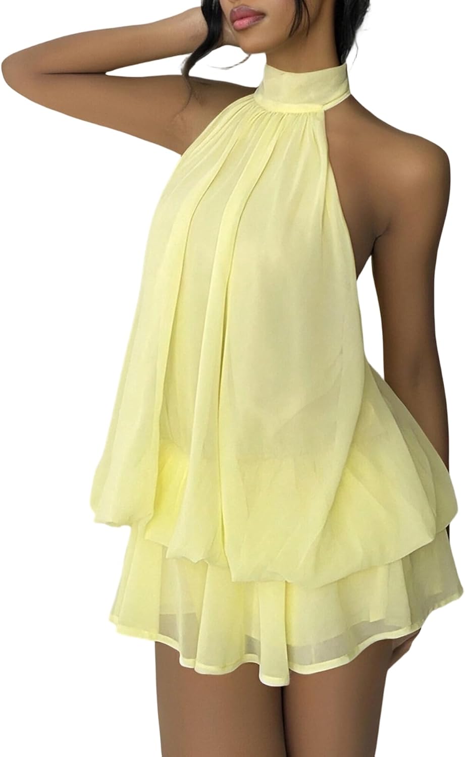 SHINFY Women's Chiffon Halter Flowy Ruffle Backless Birthday Mini Dress | Summer Cute Comfy Drop Waist Layered Going Out Dress Cocktail Wedding Guest Beach Vacation Brunch Dresses