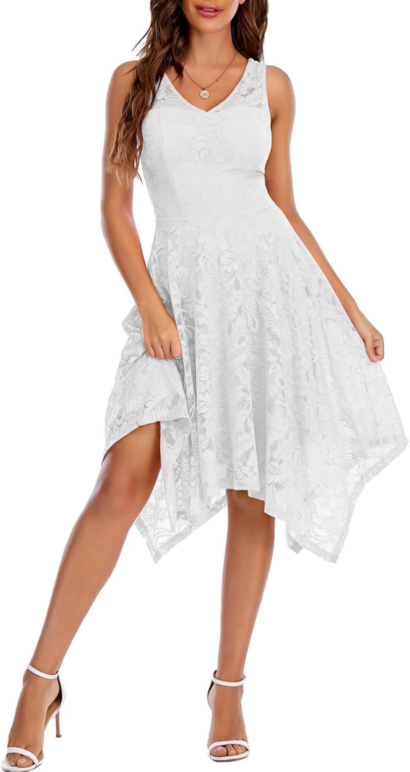 Meetjen Women's Lace Cocktail Party Dresses 2026 Formal Wedding Guest | Handkerchief Hem, V-Neck, Sleeveless, Midi, Fancy, Bridesmaid, Modest, Homecoming Dress