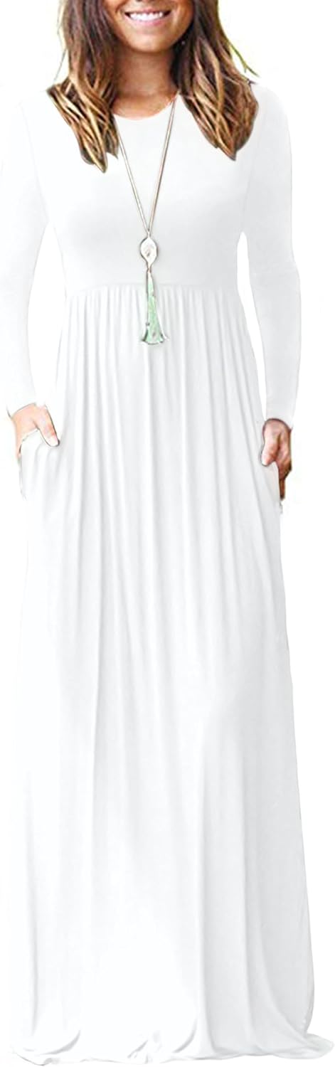 AUSELILY Womens Long Sleeve Maxi Dress Casual Empire Waist with Pockets | Versatile year round long dress for spring, fall, winter, available in floral prints and solids