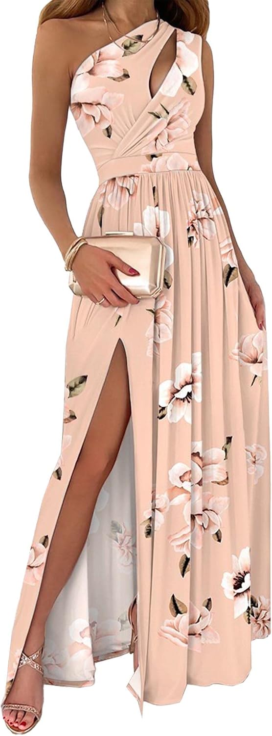 ECDAHICC Women's Sexy One Shoulder Cutout Pleated Maxi Dress Sleeveless High Slit Formal Evening Party Bridesmaid Dresses