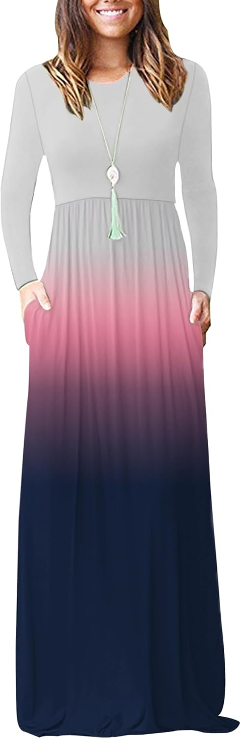 AUSELILY Womens Long Sleeve Maxi Dress Casual Empire Waist with Pockets | Versatile year round long dress for spring, fall, winter, available in floral prints and solids