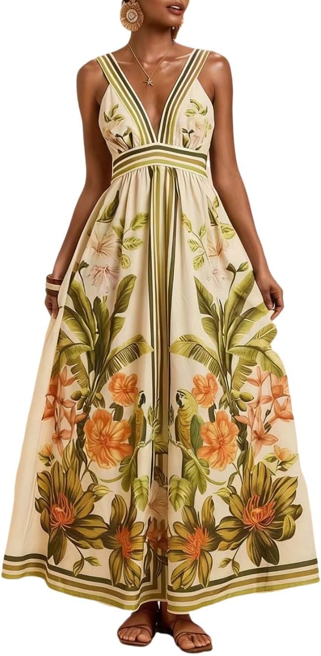 Weafmlia Women's Boho Print Dress Sleeveless Backless Halter High Waist A Line Vacation Beach Long Dress