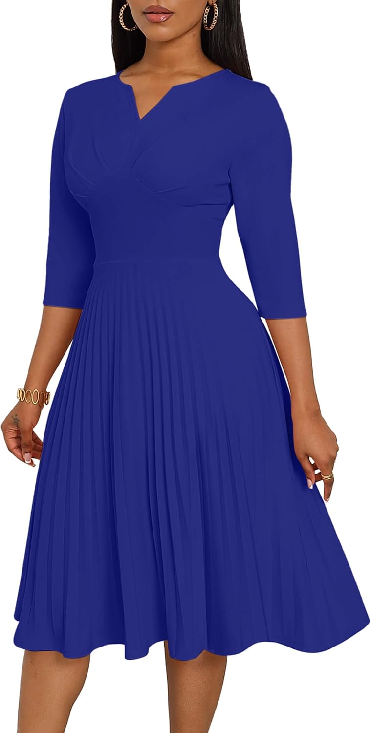 CLOCOR Pleated Midi Dress 3\/4 Sleeve Empire Waist Church Dress with Pockets | V neck back zipper A line fit and flare elegant dress\/ cocktail tea party wedding guest casual bussiness work office dress