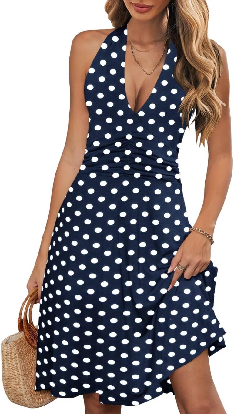 Wkior Womens Summer Halter Neck Sundress with Pocket | Sleeveless Backless Dress, Waist Ruched, Floral Boho Style, Beach Vacation Travel Outfit, Daily Casual Clothes