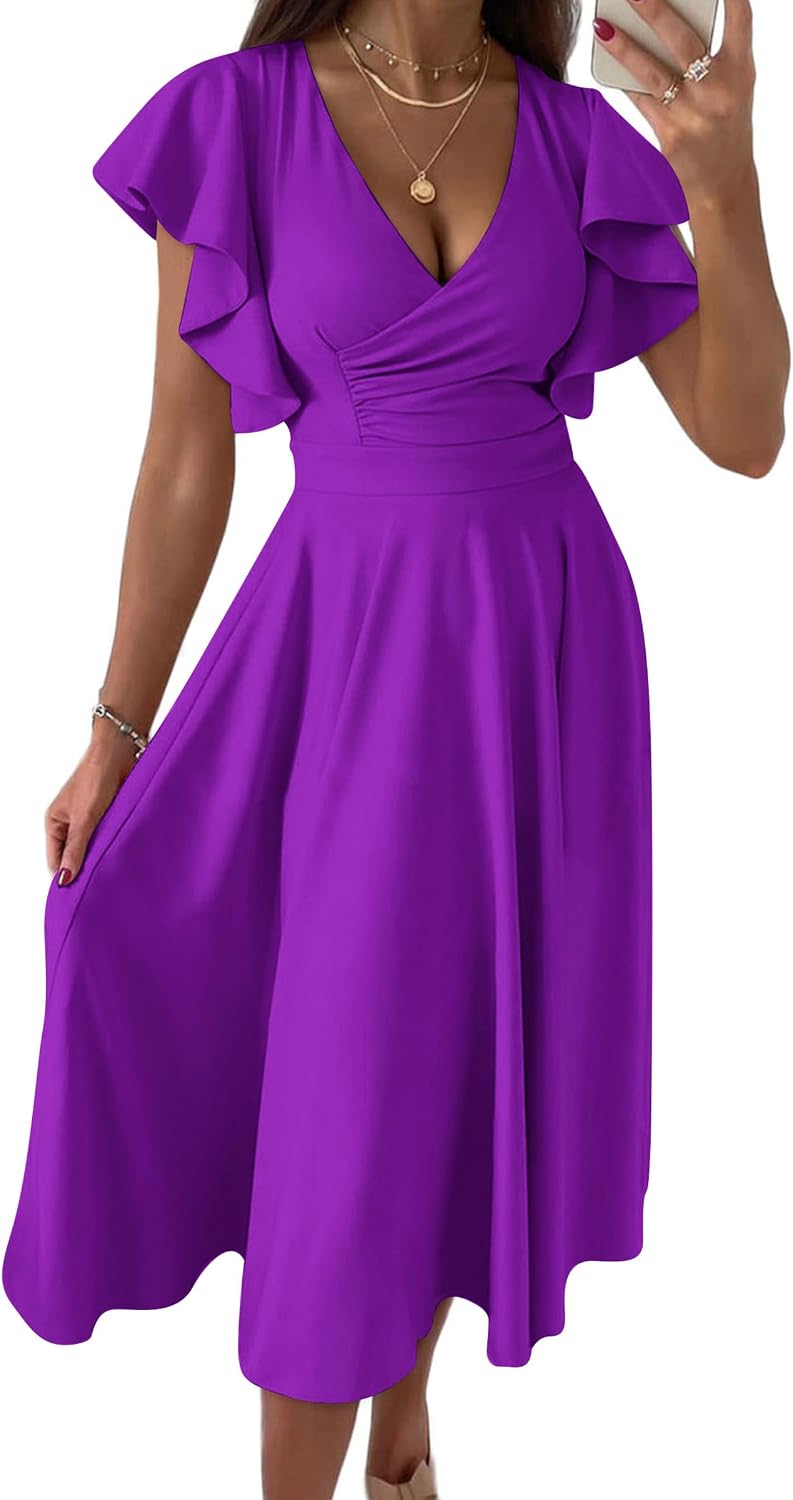 PRETTYGARDEN Women's Wrap V Neck Midi Summer Dresses | Ruffled Flutter Sleeves, Flowy Pleated A Line, High Waist, Elegant Spring Dress for Wedding Guest, Cocktail Party, Date Night