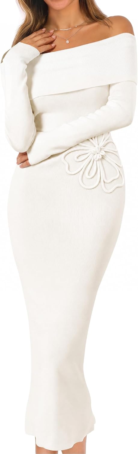 MEROKEETY Women's Fall Off Shoulder Long Sleeve Bodycon Midi Sweater Dress | 2026, Winter, Formal, Engagement, Sexy, Date Night, Baby Shower, Maternity, Bridal Shower, Wedding, Holiday Party Dresses