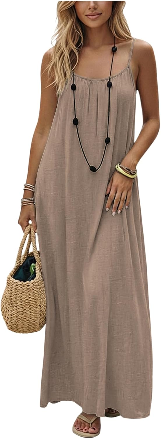 SHENHE Women's Open Back Spaghetti Strap Backless Maxi Dress Flowy Sundress | Backless Maxi Dress,Backless Cami Dress,Linen Dress.Cami Lounge Dress, House Dress
