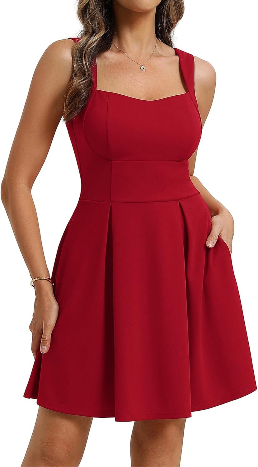 Belle Poque Women's Square Neck A Line Mini Dress with Pockets | Short Cocktail Homecoming Dresses, Semi Formal, Sleeveless, Adjustable Straps, Party, Club, Hoco, Grad, Graduation Dress