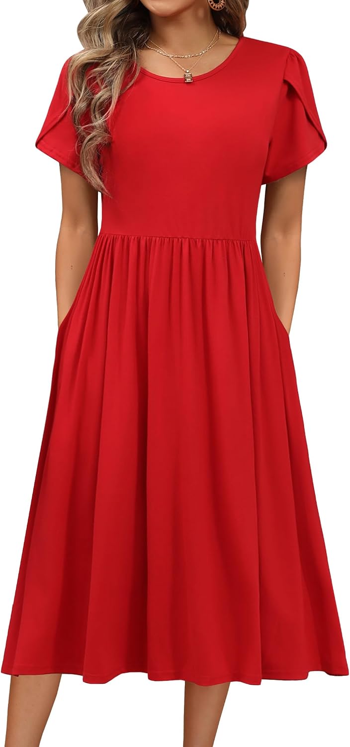 HOTOUCH Women's Summer A-Line Midi Dresses 2026 Casual Floral Short Sleeve T-Shirt Dress Flowy Beach Sundress with Pockets