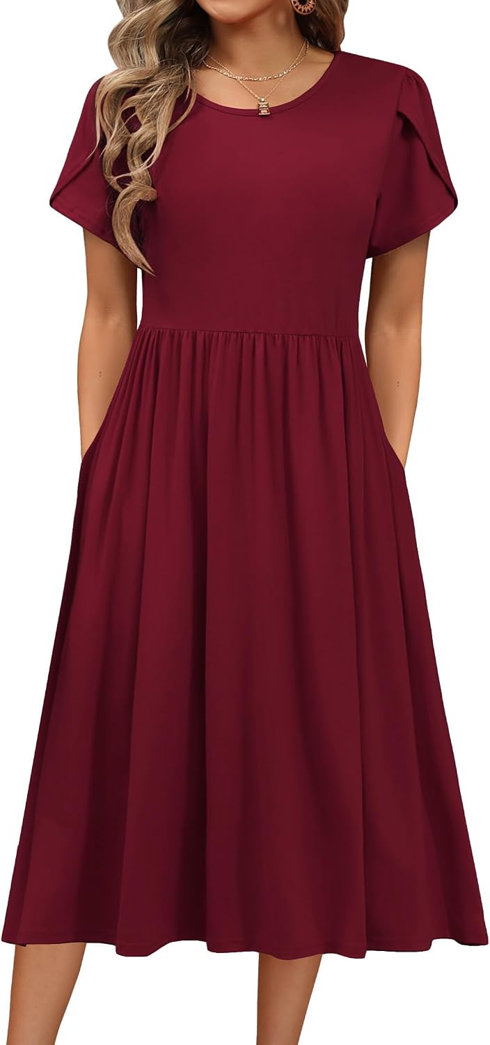 HOTOUCH Women's Summer A-Line Midi Dresses 2026 Casual Floral Short Sleeve T-Shirt Dress Flowy Beach Sundress with Pockets