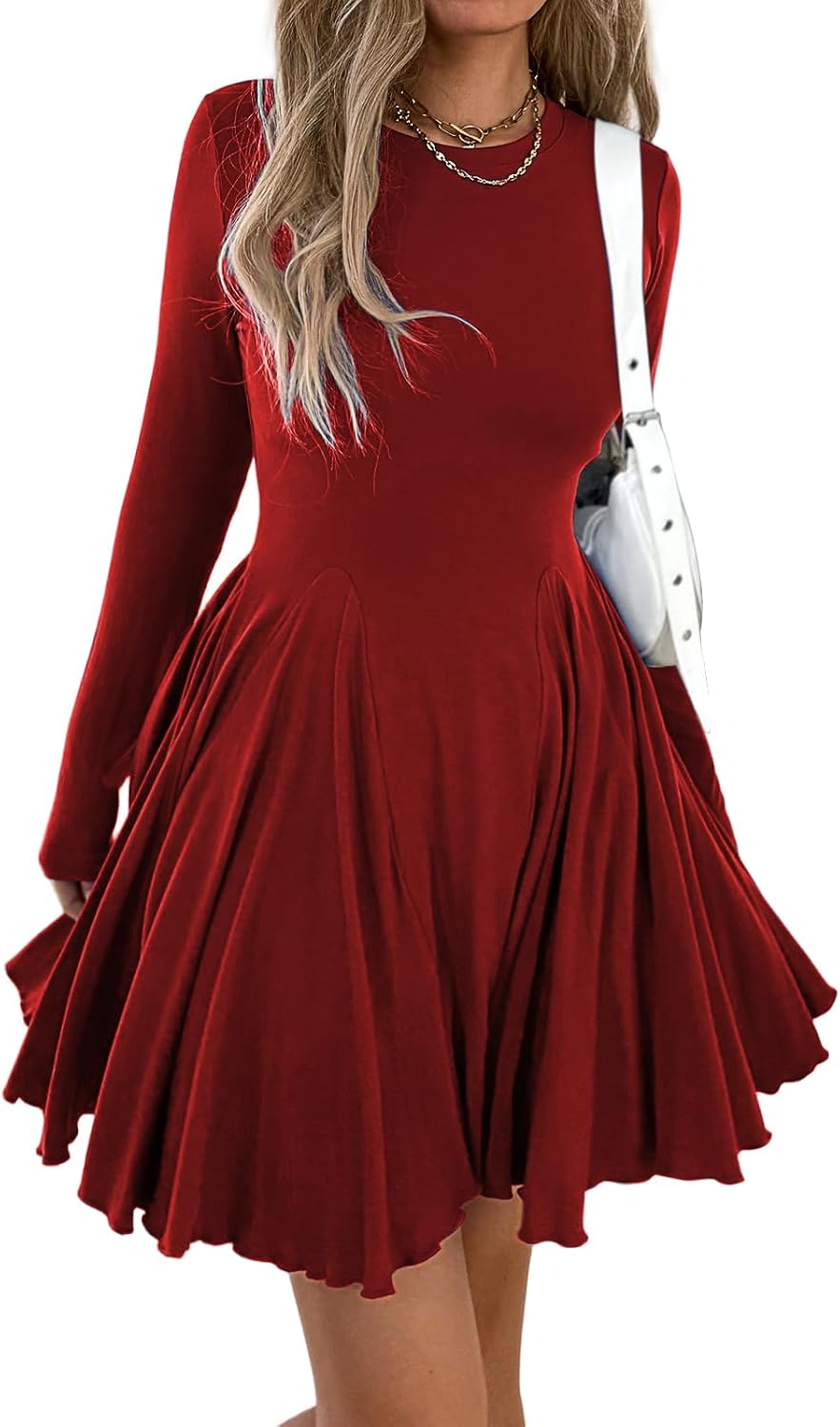 Mieazom Women\u2019s Long Sleeve Casual Swing Dress \u2013 A-Line Fit and Flare Skater Dress, Stretchy Mini Dress for Fall Winter