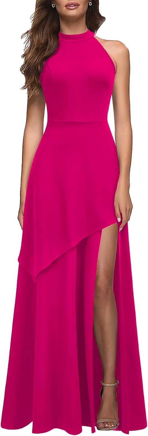 MUSHARE Women's Halter Neck Formal Dress Sexy Split Party Long Cocktail Dresses