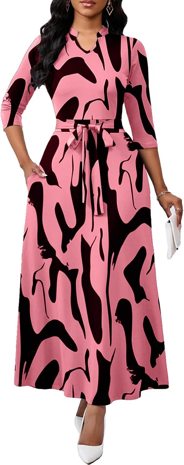 BubFee Maxi Dresses for Women Semi Formal Long Dress 3\/4 Sleeve Casual A-line Church Dresses with Pockets