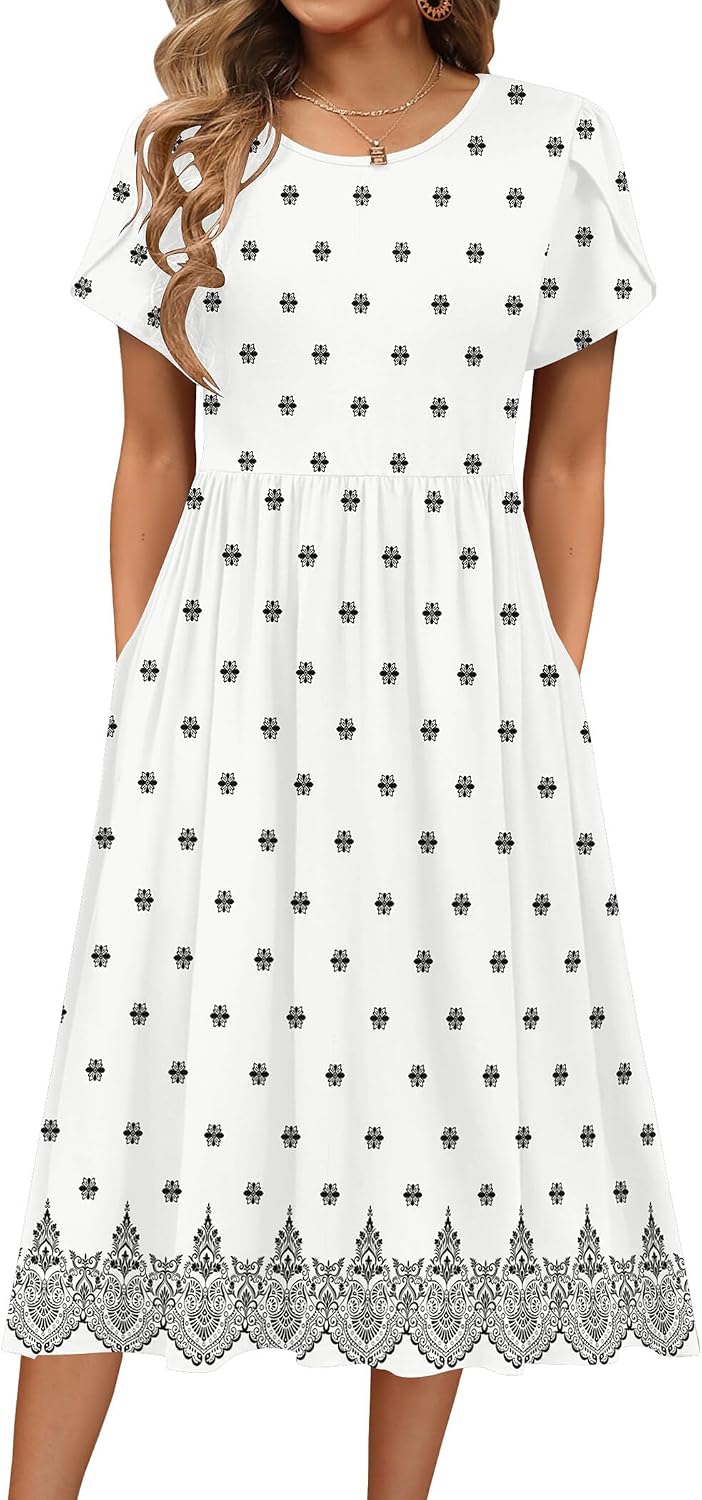 HOTOUCH Women's Summer A-Line Midi Dresses 2026 Casual Floral Short Sleeve T-Shirt Dress Flowy Beach Sundress with Pockets