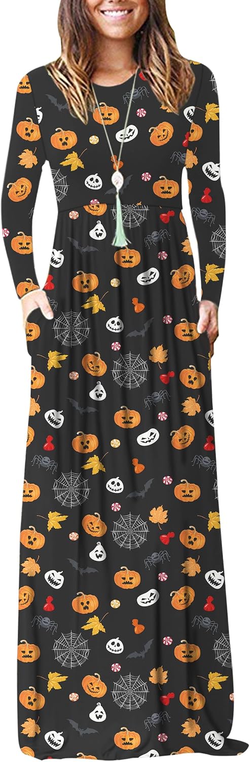 AUSELILY Womens Long Sleeve Maxi Dress Casual Empire Waist with Pockets | Versatile year round long dress for spring, fall, winter, available in floral prints and solids