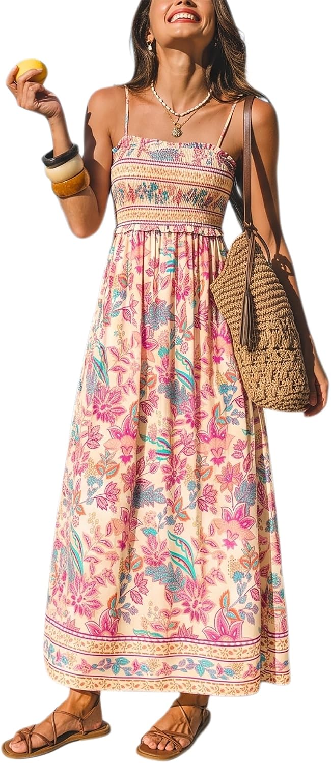 CUPSHE Women Maxi Summer Dress 2026 Floral Flowy Sundress | Spaghetti Straps Smocked Beachwear, Sleeveless, Empire Waist A Line Long Dresses, Boho Vacation Outfit, Fashion Clothes