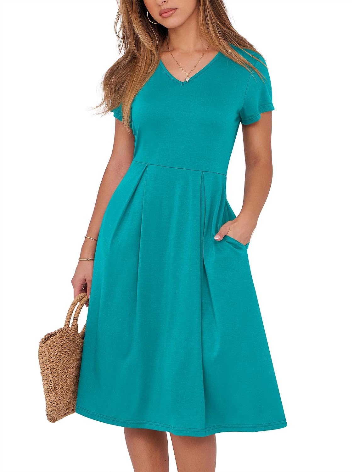 ANRABESS Women Summer Casual Short Sleeve A Line Midi Dresses with Pocket | V Neck Knee Length Pleated Flowy Slim Fit, Casual Business Office Work Teacher Wear, Church Funeral Wedding Guest Outfits
