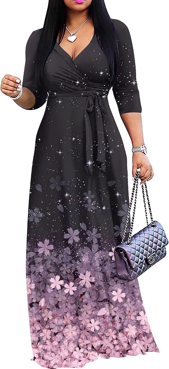 FANDEE Plus Size Maxi Dress for Women - Summer Long Dresses Casual | Women's Curvy Fit Long Dress, Semi\u2011Formal Print Fitted Wrap Dress with Pockets & Belt, 3\/4-Sleeve V-Neck