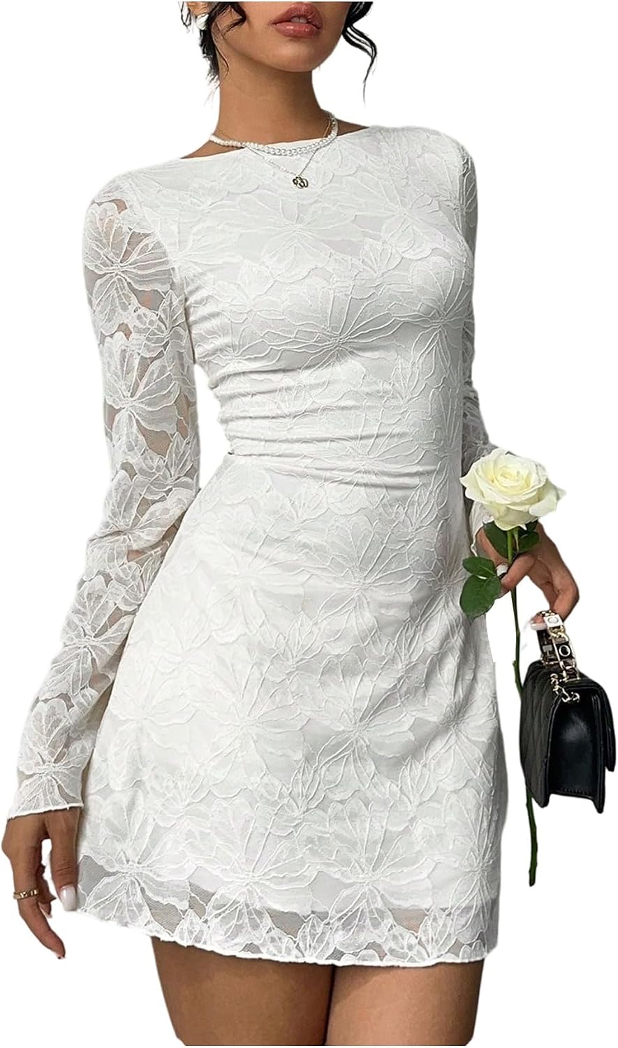 Verdusa Women's Floral Lace Mini Dress Tie Backless Fall Cocktail Dresses | Bell Long Sleeve, Formal Wedding Guest Dresses