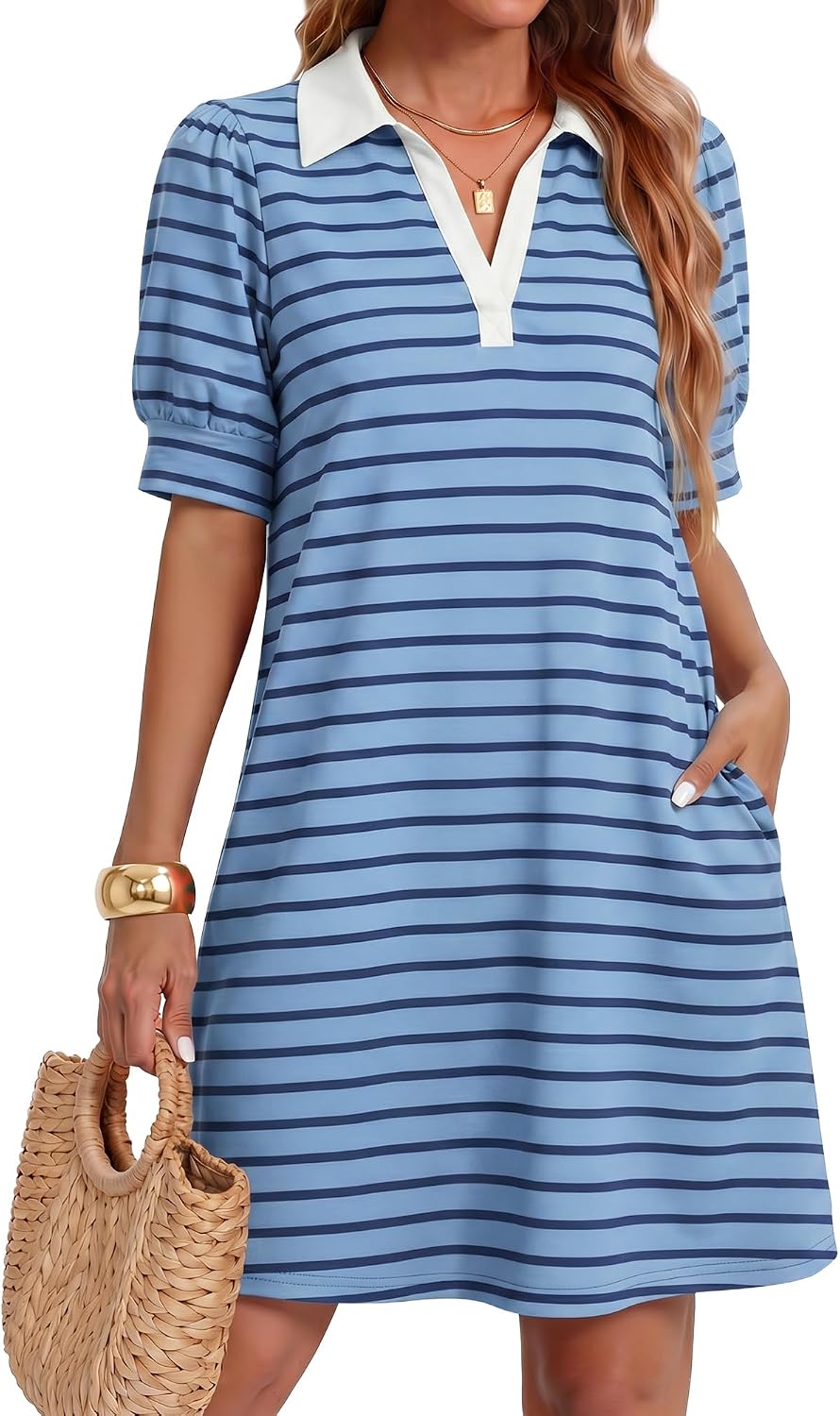 ZESICA Womens Summer Casual Striped T Shirt Mini Dress | Lapel V Neck, Short Sleeve, A-Line, Flowy Dress, Beach Vacation Dress