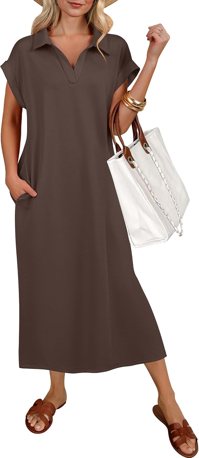 ANRABESS Womens Summer Casual Polo V Neck Dresses | Short Sleeve Split Tshirt Maxi Dress with Pockets, Soft Wrinkle-Free Loose Fit, Beach Vacation Travel Outfit, Summer Clothes