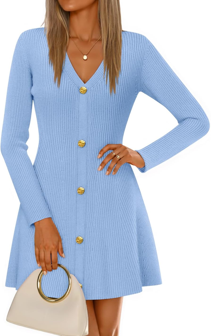 ZESICA Women's Fall Winter Long Sleeve V Neck Sweater Mini Dress | A Line Swing, Soft Ribbed Knit, Deco Button, Cocktail Party Short Dresses, Casual, Work, Office Outfits, Elegant Classy
