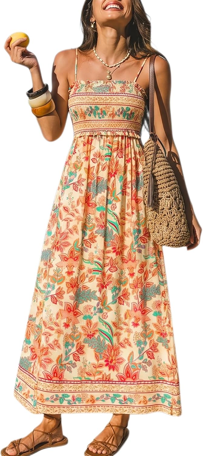 CUPSHE Women Maxi Summer Dress 2026 Floral Flowy Sundress | Spaghetti Straps Smocked Beachwear, Sleeveless, Empire Waist A Line Long Dresses, Boho Vacation Outfit, Fashion Clothes