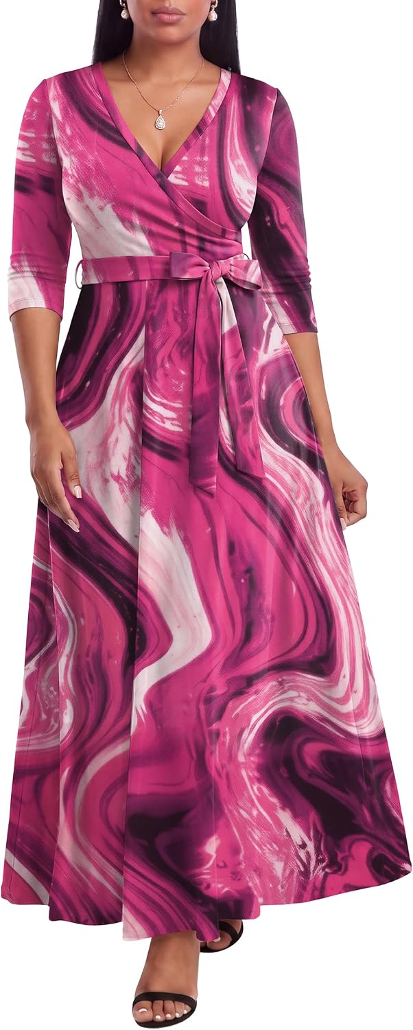 FANDEE Plus Size Maxi Dress for Women - Summer Long Dresses Casual | Women's Curvy Fit Long Dress, Semi\u2011Formal Print Fitted Wrap Dress with Pockets & Belt, 3\/4-Sleeve V-Neck