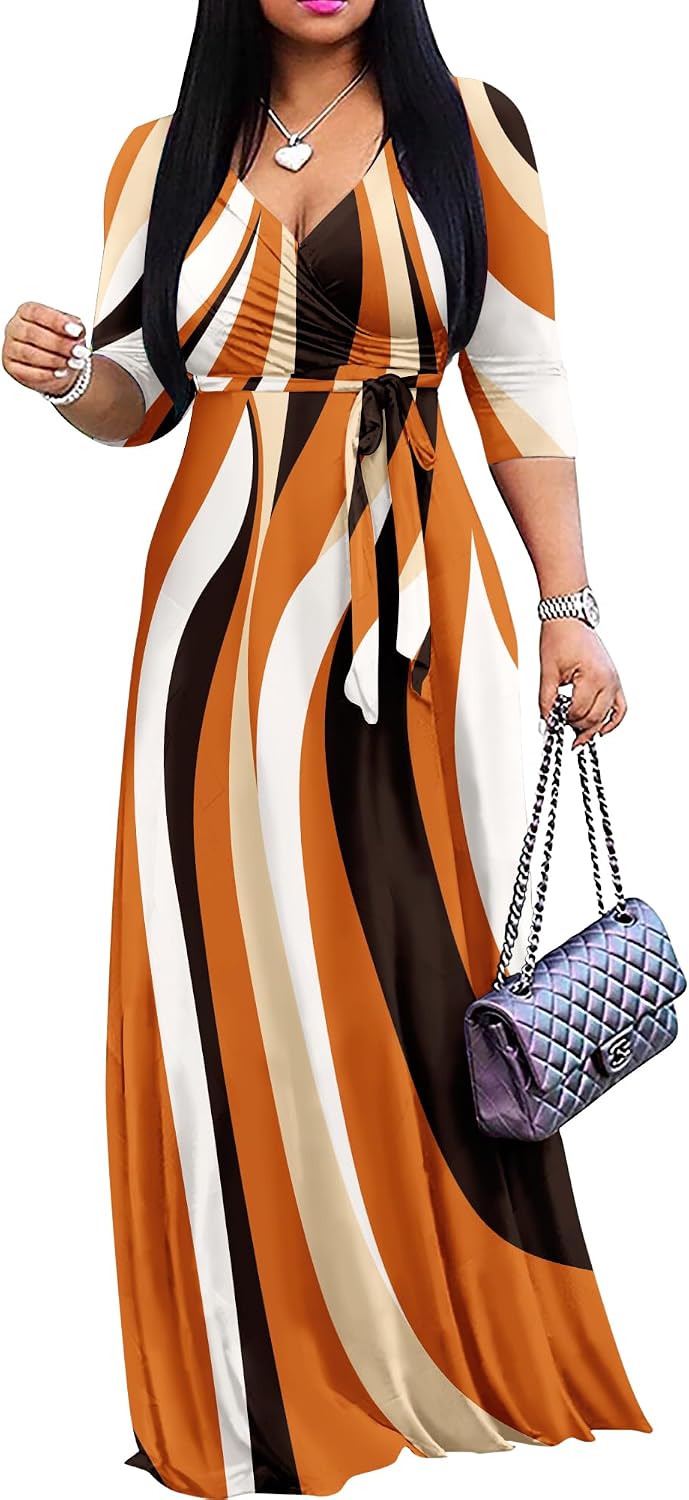 FANDEE Plus Size Maxi Dress for Women - Summer Long Dresses Casual | Women's Curvy Fit Long Dress, Semi\u2011Formal Print Fitted Wrap Dress with Pockets & Belt, 3\/4-Sleeve V-Neck