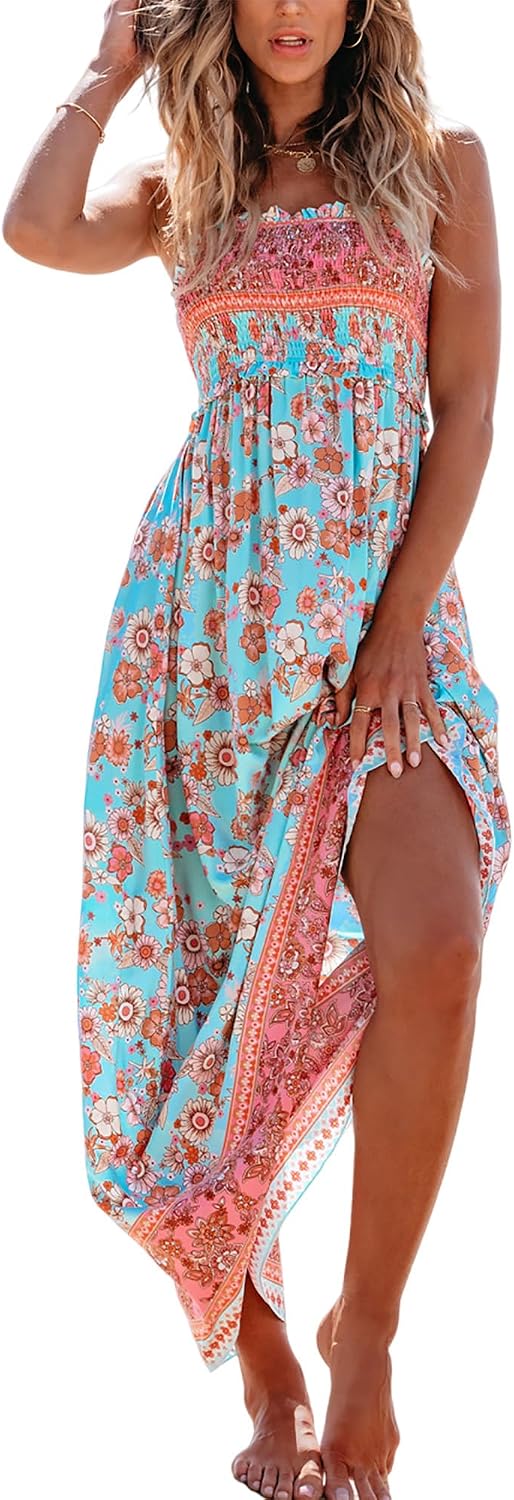 CUPSHE Women Maxi Summer Dress 2026 Floral Flowy Sundress | Spaghetti Straps Smocked Beachwear, Sleeveless, Empire Waist A Line Long Dresses, Boho Vacation Outfit, Fashion Clothes