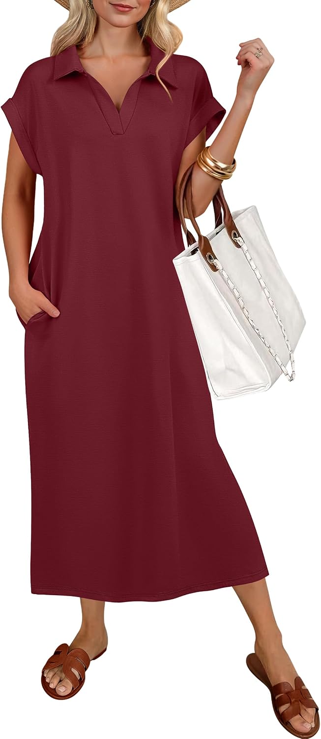 ANRABESS Womens Summer Casual Polo V Neck Dresses | Short Sleeve Split Tshirt Maxi Dress with Pockets, Soft Wrinkle-Free Loose Fit, Beach Vacation Travel Outfit, Summer Clothes