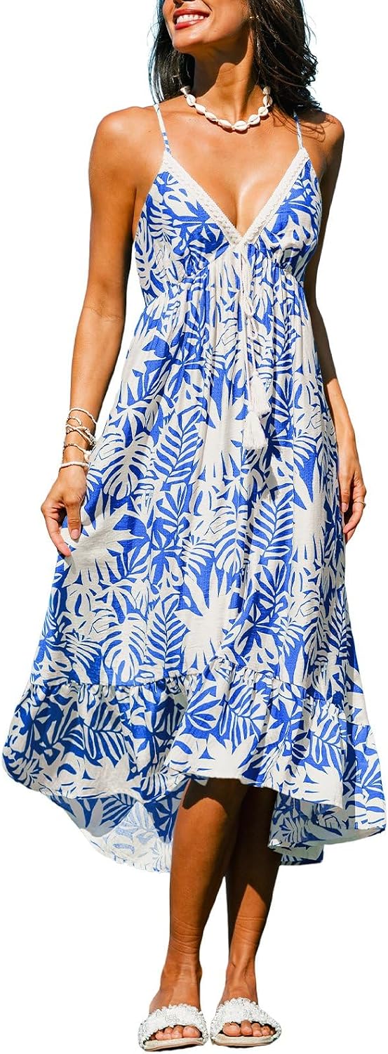 CUPSHE Women Summer Midi Dresses 2026 Boho Sleeveless Sundress | Sleeveless Spaghetti Straps Dress, Tassel, Crochet Lace Waist, Beach Vacation Resort Wear, Daily Casual, Spring, Travel Trip