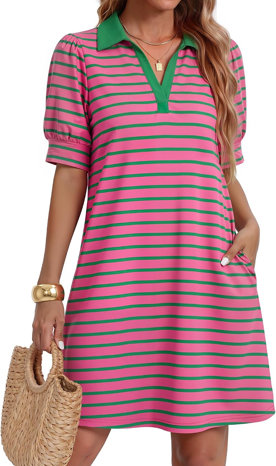 ZESICA Womens Summer Casual Striped T Shirt Mini Dress | Lapel V Neck, Short Sleeve, A-Line, Flowy Dress, Beach Vacation Dress