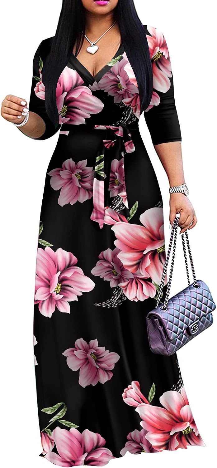 FANDEE Plus Size Maxi Dress for Women - Summer Long Dresses Casual | Women's Curvy Fit Long Dress, Semi\u2011Formal Print Fitted Wrap Dress with Pockets & Belt, 3\/4-Sleeve V-Neck
