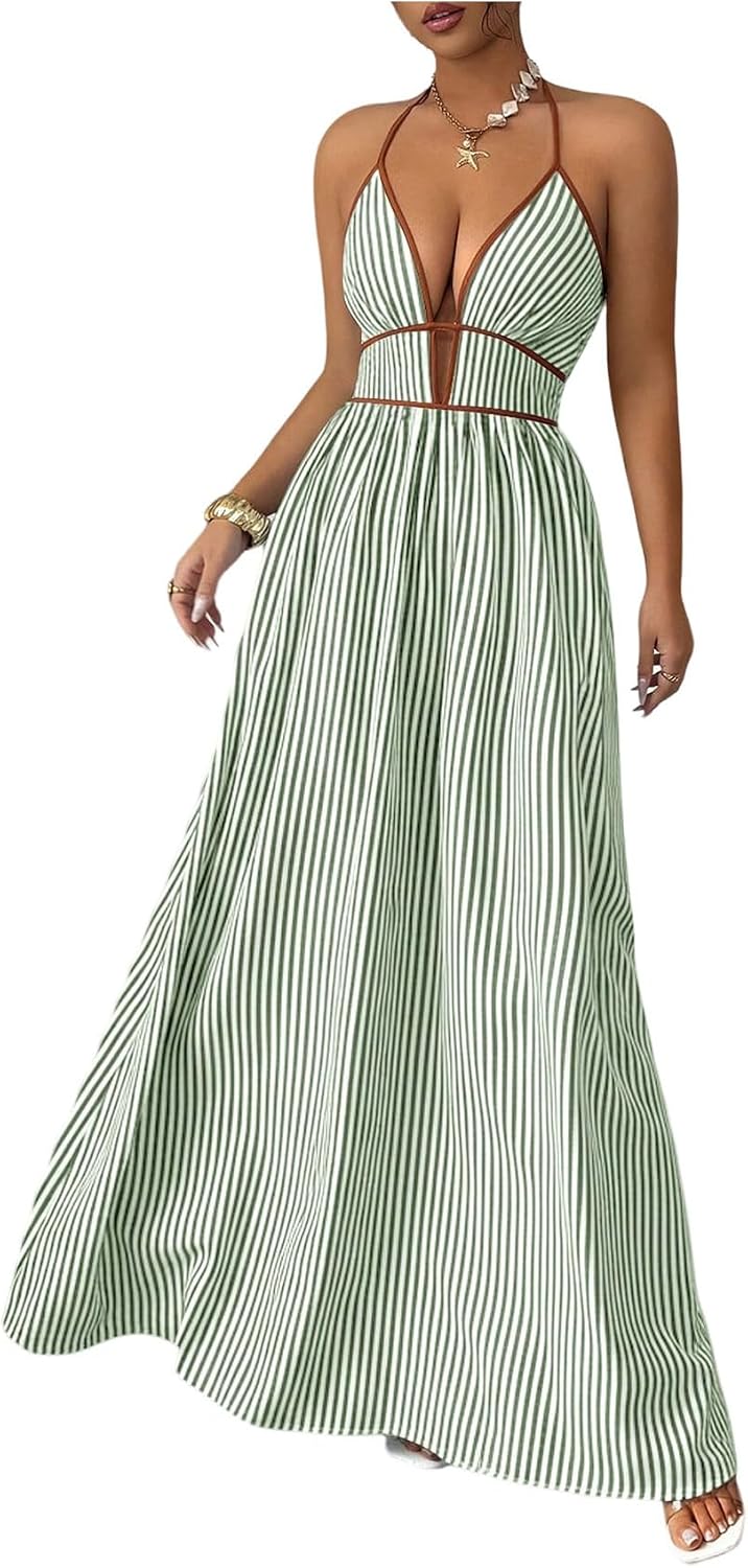 Floerns Women's Striped Halter Maxi Dress Backless Smocked Boho Dress | Striped, Halter Neck, Contrast Trim, Tropical Beach Vacation Outfits, Wedding Guest, Cute Maxi Dress
