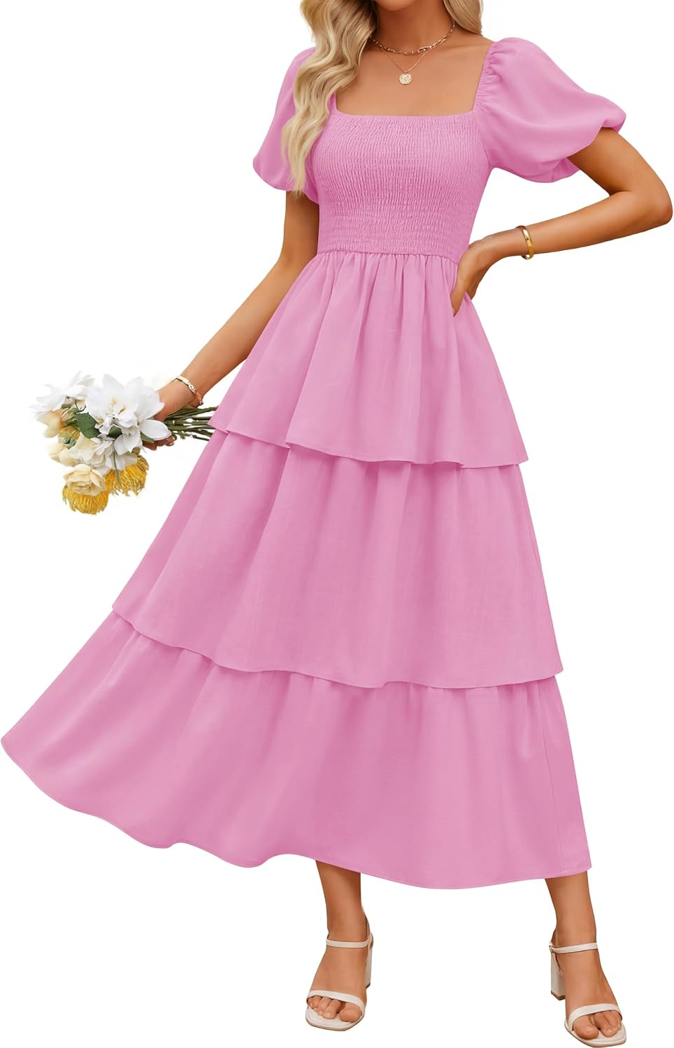 ZESICA Womens Summer Short Puff Sleeve Flowy Tiered Midi Dress | Square Neck, Backless, Swing A Line, High Waist, 2026 Boho Trendy, Dressy Casual Beach Vacation, Wedding Guest Cocktail Party