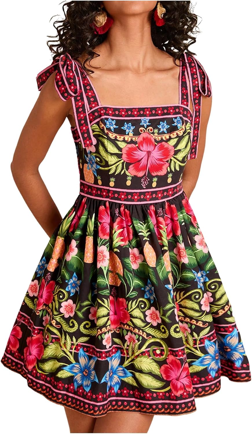 OYOANGLE Boho Dresses for Women Tropical Summer Dresses Mini Dress Sundress | Floral，Sleeveless，Tie Shoulder,Brunch Dress,Flowy Dress,Vacation Outfits，Hawaiian Dresses