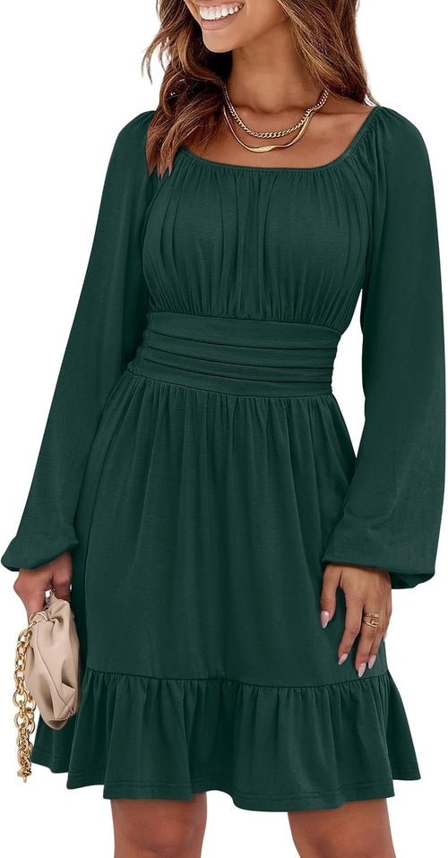 ANRABESS Women Long Lantern Sleeve Square Neck Fall Short Dress | Elastic Waist Belly Hide,Ruffle Flowy A-Line Mini Dress,Backless,Spring Summer Fashion Trendy,Cute Travel & Party Daily Wear