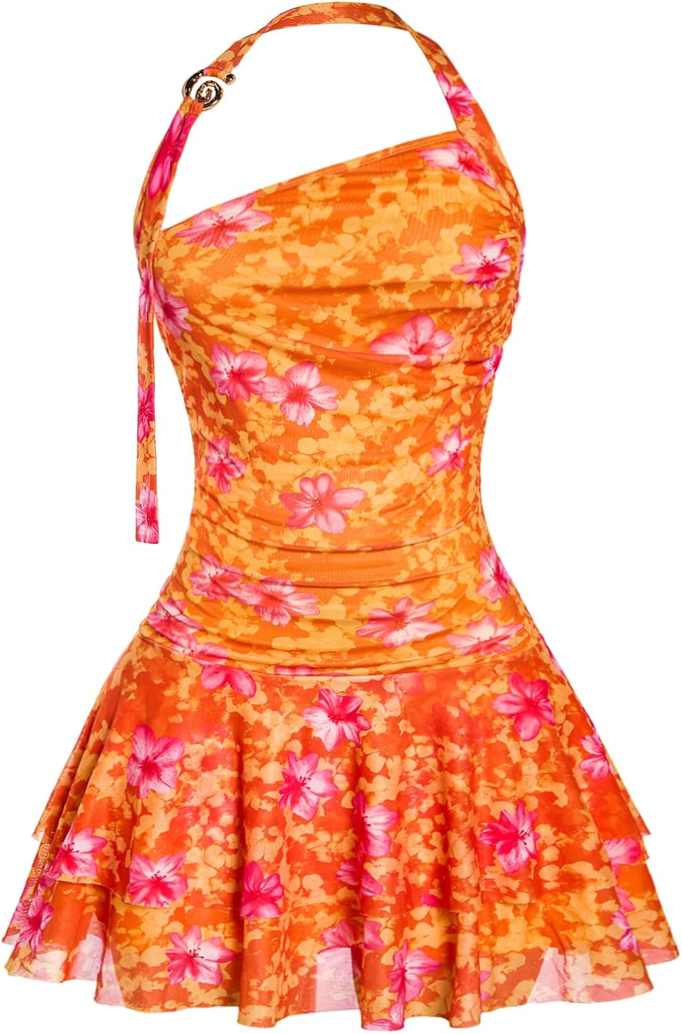 SOLY HUX Women's Hawaiian Halter Mini Dress Beach Birthday Date Outfits | Tropical Floral Print, Backless, Flowy Ruffle Hem, Brunch Picnic Dresses