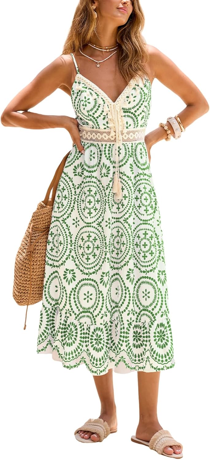 CUPSHE Women Summer Midi Dresses 2026 Boho Sleeveless Sundress | Sleeveless Spaghetti Straps Dress, Tassel, Crochet Lace Waist, Beach Vacation Resort Wear, Daily Casual, Spring, Travel Trip
