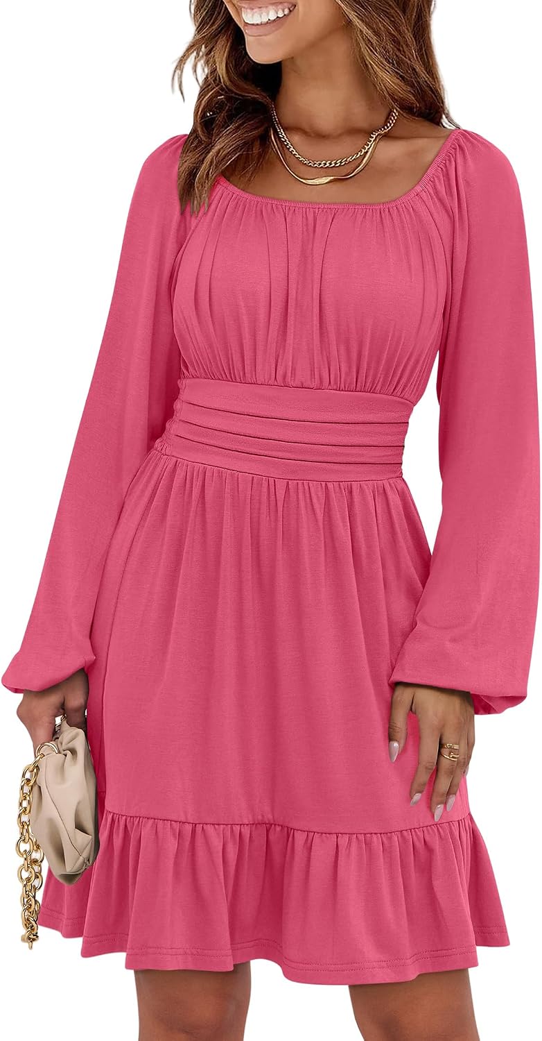 ANRABESS Women Long Lantern Sleeve Square Neck Fall Short Dress | Elastic Waist Belly Hide,Ruffle Flowy A-Line Mini Dress,Backless,Spring Summer Fashion Trendy,Cute Travel & Party Daily Wear