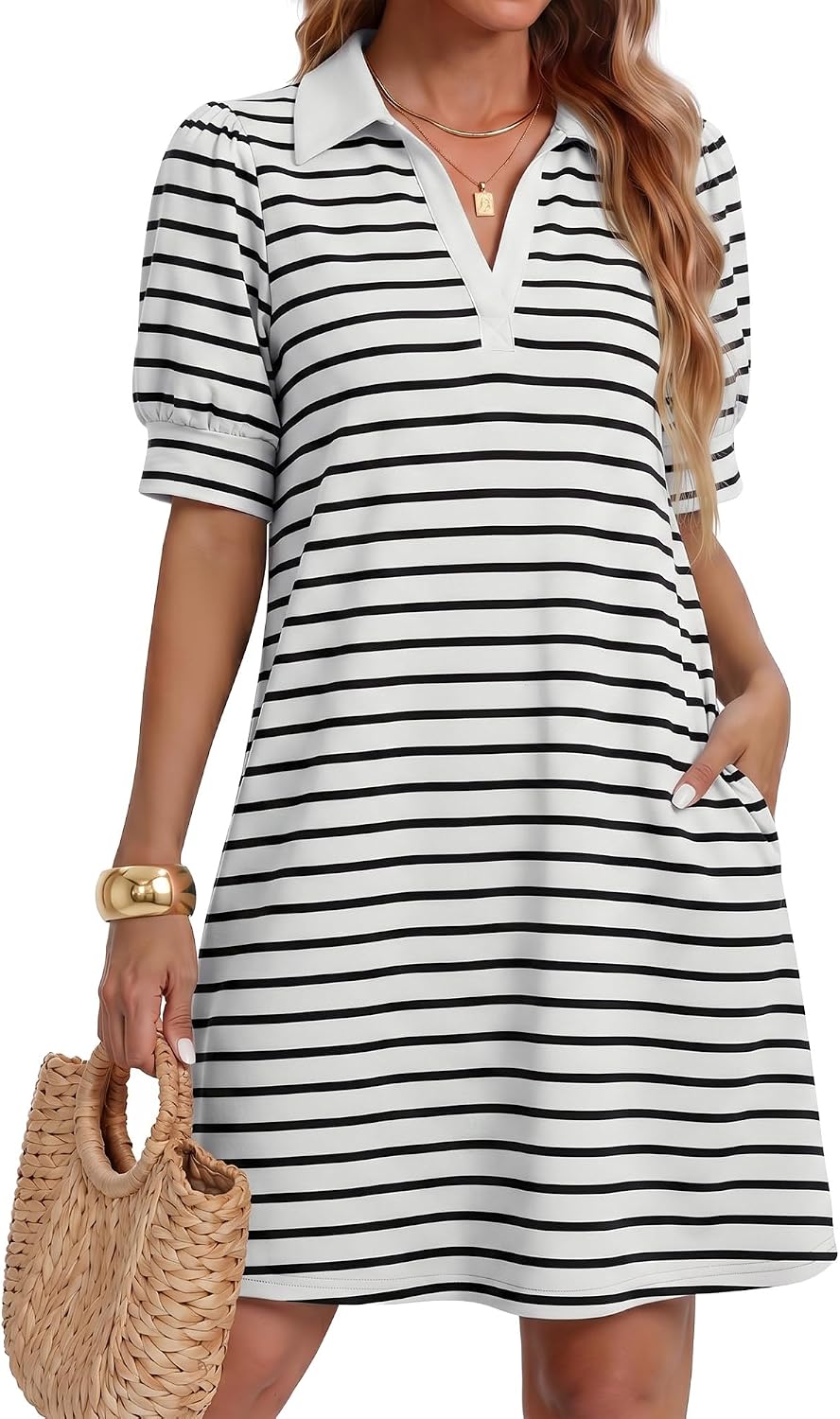ZESICA Womens Summer Casual Striped T Shirt Mini Dress | Lapel V Neck, Short Sleeve, A-Line, Flowy Dress, Beach Vacation Dress