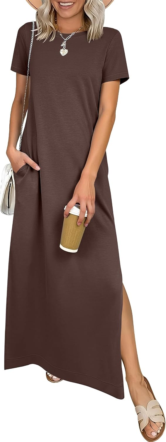 ANRABESS Womens Summer Maxi Dresses Wrinkle Free with Pockets | Air Layer Fabric, Short Sleeve Casual Travel Beach Vacation Long Dress, Crewneck Split, Comfort Work All-Day Wear Sundress