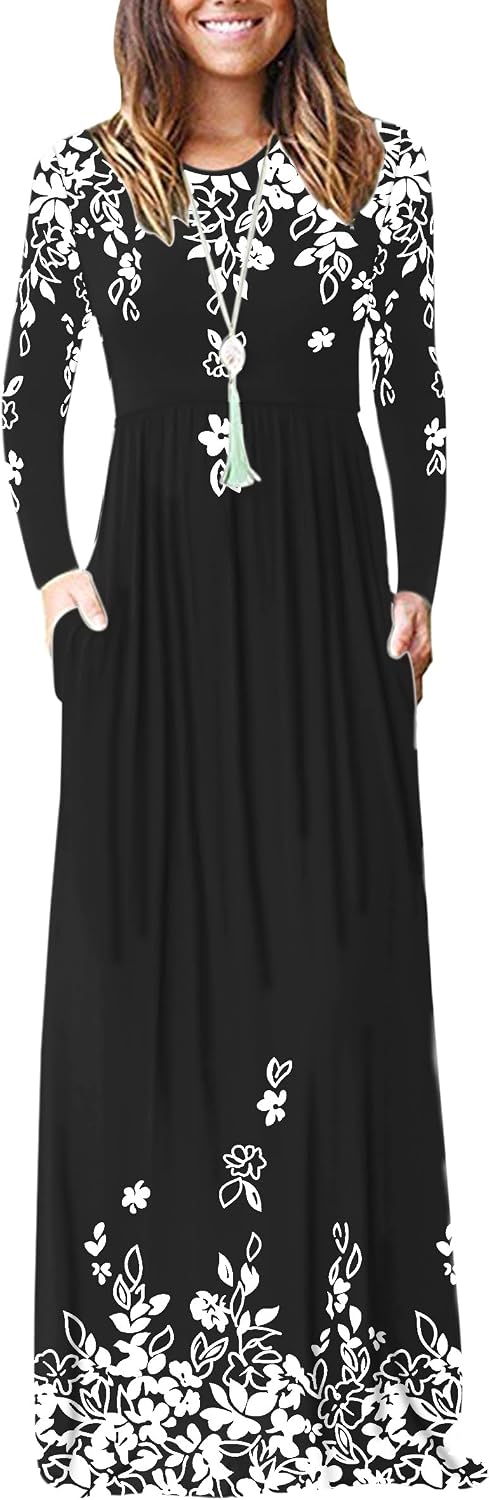 AUSELILY Womens Long Sleeve Maxi Dress Casual Empire Waist with Pockets | Versatile year round long dress for spring, fall, winter, available in floral prints and solids