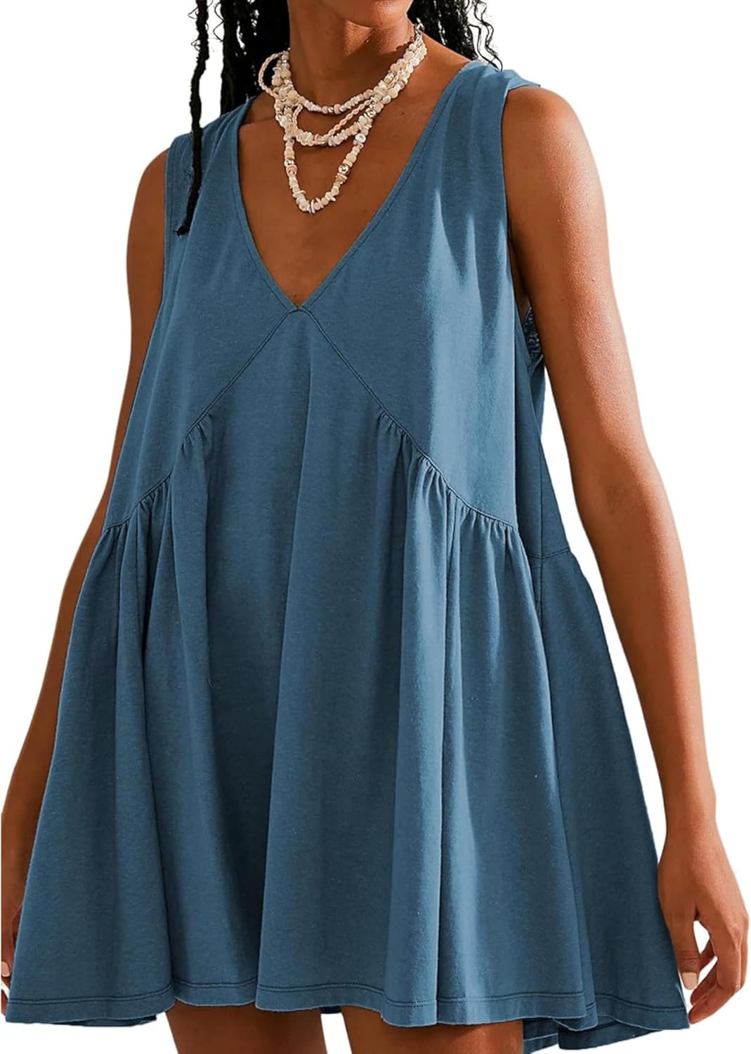 OPCAKM Women's V Neck Sleeveless Mini Dress Pleated Sundress | Soft Cotton Babydoll Summer Dresses,Flowy Swing Loose Fit for Casual Daily Wear,Party and Outdoor Activities