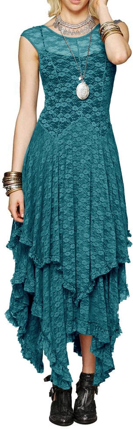 R.Vivimos Womens Lace Long Dress with Slip Two Pieces | Sleeveless, Backless, Asymmetrical Layered Hem, Beach, Vacation, Wedding, Cocktail, Party Outfits