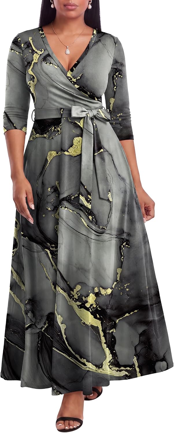 FANDEE Plus Size Maxi Dress for Women - Summer Long Dresses Casual | Women's Curvy Fit Long Dress, Semi\u2011Formal Print Fitted Wrap Dress with Pockets & Belt, 3\/4-Sleeve V-Neck