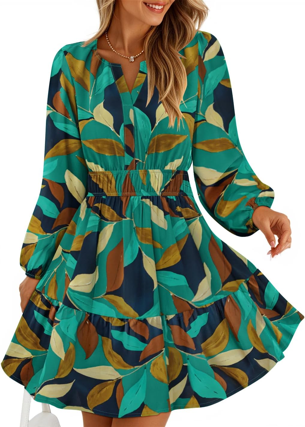 ZESICA Womens Fall Floral Long Sleeve Wedding Guest Mini Dresses | With Pockets, V Neck, A-Line, Ruched Waist, Double Lined, Flowy Short Dress, Going Out Outfits
