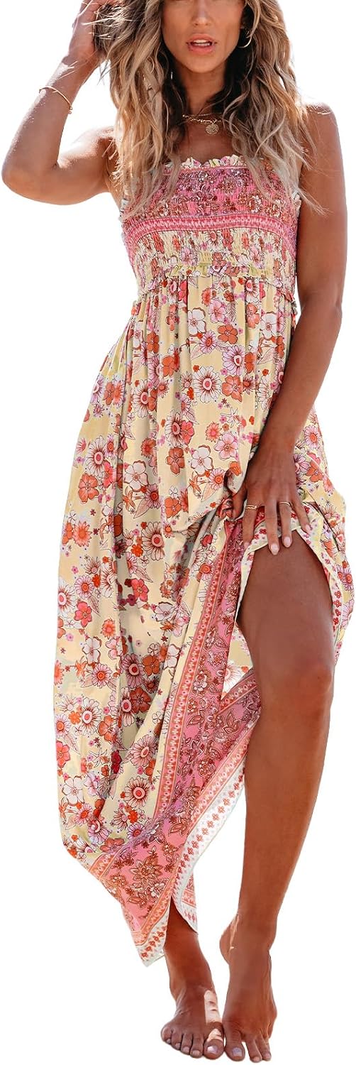 CUPSHE Women Maxi Summer Dress 2026 Floral Flowy Sundress | Spaghetti Straps Smocked Beachwear, Sleeveless, Empire Waist A Line Long Dresses, Boho Vacation Outfit, Fashion Clothes