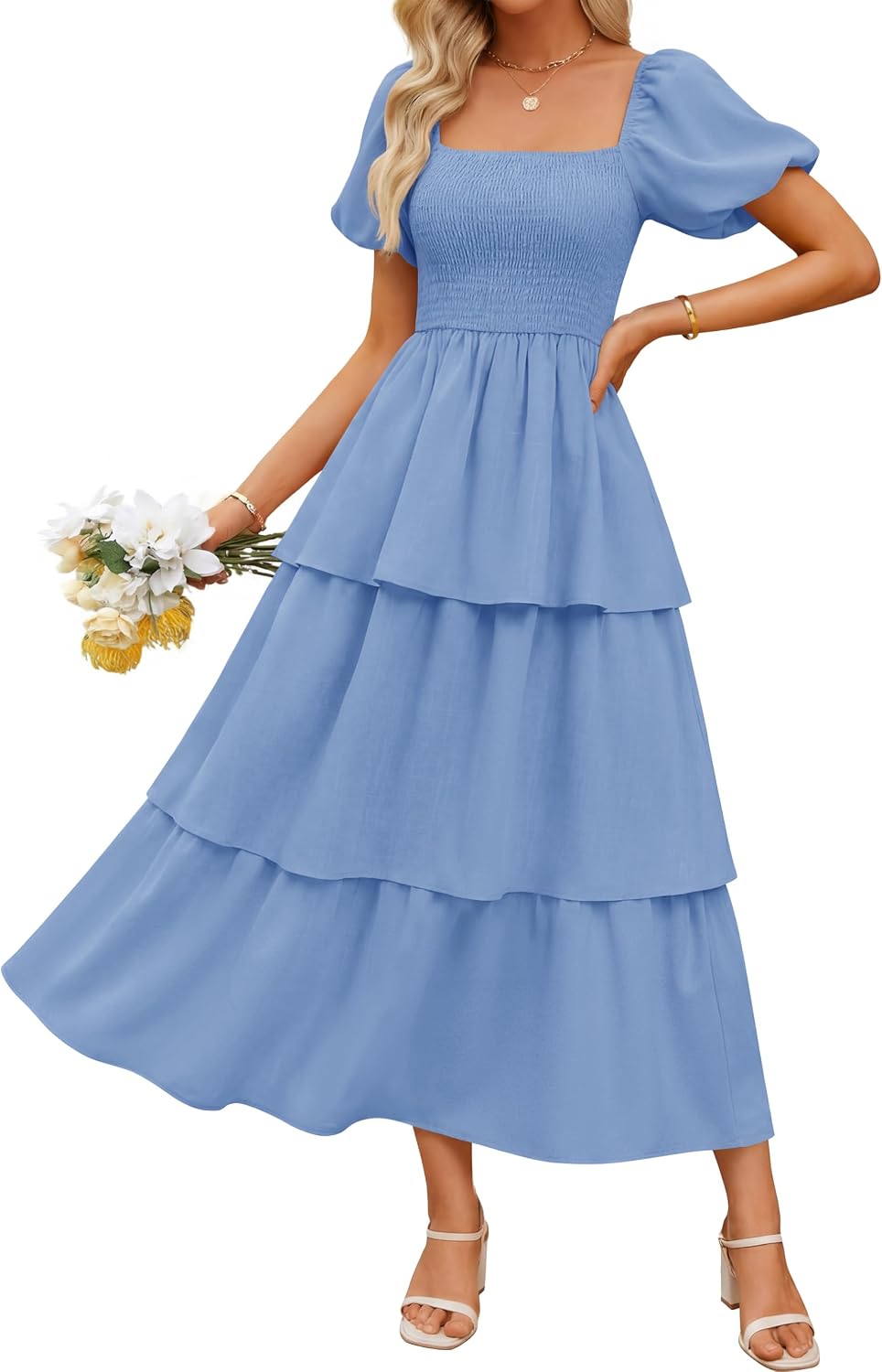 ZESICA Womens Summer Short Puff Sleeve Flowy Tiered Midi Dress | Square Neck, Backless, Swing A Line, High Waist, 2026 Boho Trendy, Dressy Casual Beach Vacation, Wedding Guest Cocktail Party